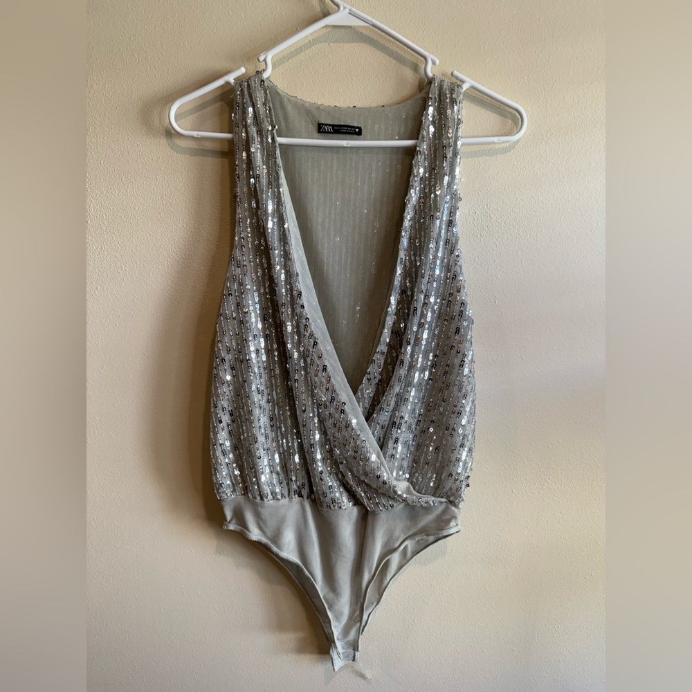 Zara Metallic Silver Sequin Bodysuit